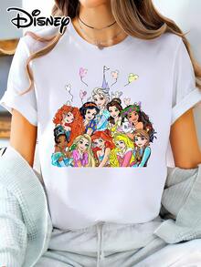 DisneyOfficial Authorization | Women's Street Casual Short-Sleeve T-Shirt, Featuring A Print That Brings Together Multiple Princesses, Including Classic Characters Like Snow White, Elsa, And Merida, Along With A Dreamy Castle And Mickey Mouse Balloon Elements. This Versatile Casual Piece Is Made Of Opaque Fabric, Is Machine Washable, And Is Perfect For Spring And Summer Wear. - trắng - Xem 1