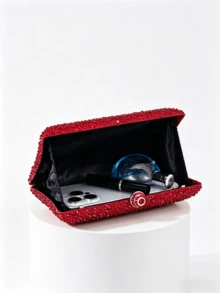 Túi xách cầm tay nữ màu đỏ đính đá, túi xách dạ hội sang trọng lấp lánh với dây đeo xích, túi đeo chéo dự tiệc trang trọng. - Đỏ - Xem 5