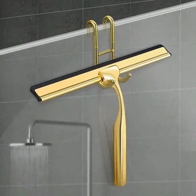 1pc Gold Bathroom Squeegee, Shower Scraper Brush, Mirror Squeegee, Window Scraper, Cleaning Tool, Convenient & Practical With Hook, Bathroom Cleaning Accessory, Essential Cleaning Tool For Autumn/Winter
