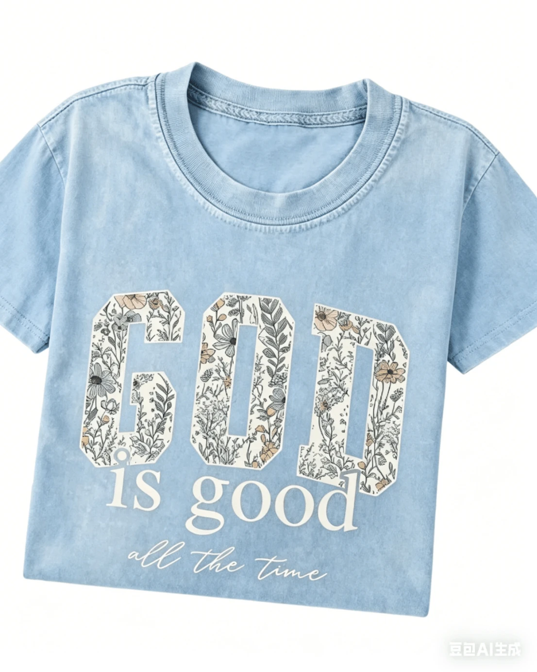 Women's God Is Good Floral Graphic T-Shirt, Retro Christian Faith Tee, Casual Crewneck Short Sleeve, Vintage Washed Cotton Top - 淺藍色 - 查看 1