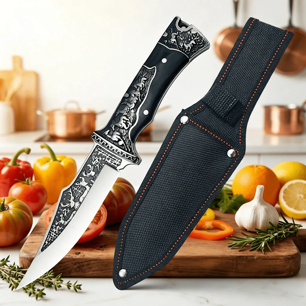 Cuchillo de chef de cocina de alta calidad tallado a mano (con funda protectora), cuchillo de cocina de acero inoxidable preciso, adecuado para cortar carne y verduras, mango ergonómico, ideal para preparar comidas en cocina doméstica y cortar pan. - Negro - Ver 1
