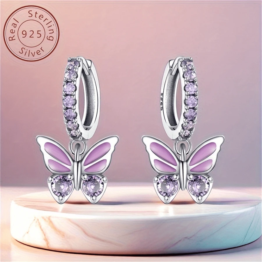 New 925 Sterling Silver Purple Butterfly Earrings Suitable For Daily And Holiday Women's Jewelry, Simple And Fashionable Jewelry Gift 1 Pair - 7XE4012 - View 1