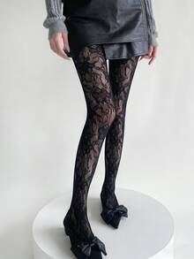 1pc Plus Size Jacquard Fishnet Stockings, Leaf Hollow Leggings, Sexy & Fashionable, Suitable For Party, Home, Office, Black Tights - Black - View 6