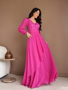 Cibele Fuchsia Long Party Dress With Embroidered Bodice And Sophisticated Long Sleeves - Perfect For Romantic Bridesmaids, Modern And Stylish Mothers Of The Bride/Groom, Graduates, Or Guests. - Màu Hoa hồng đỏ - Xem 4