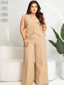 Women's Plus Size Tailored Set: Vest And Wide Leg Pants, Business Formal, Simple Work, Pocket, Buttons On The Front, Divided, Office - 米色 - 查看 1
