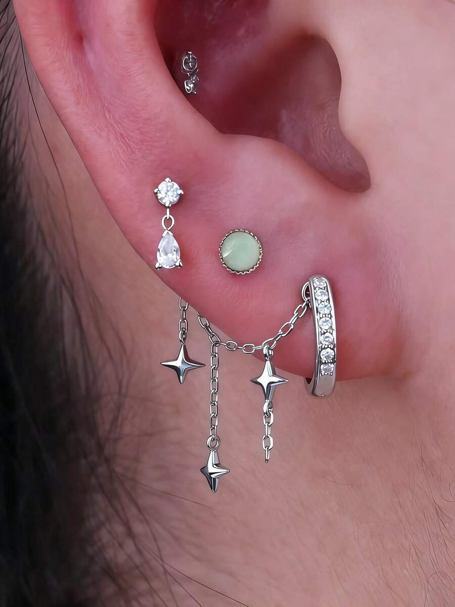 3件套优雅水滴形立方氧化锆星形链耳环套装，适合女性日常、约会、派对、音乐节叠戴搭配。 - 銀色 - 查看 1