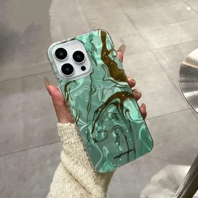 Luxury Green Brown Marble Fluid Water Ripple Star Sparkle Clear Phone Case, Full Coverage Anti-Drop Protective Cover For IPhone