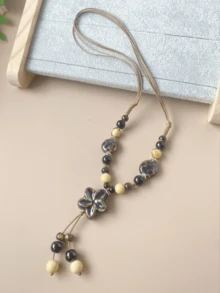 1pc Ceramic Retro Necklace For Women, Fashionable Floral Tassel Pendant Necklace, Luxury Elegant Gift For Mother's Day, Daily, Vacation, Party - Khaki - View 4