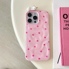 适用于 17/17 Pro/17 Pro Max/16/15/14/13/12/11 系列手机壳，1 件装，褶皱波点图案 + 卡通娃娃印花防震保护手机壳，适用于 17 Pro Max，时尚手机壳 - 粉色 - 查看 3
