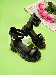 1 Pair Fashion Kids Sandals, Black Girls' Platform Sandals, Open Toe One-Strap, Soft Non-Slip Durable Sole, Suitable For Summer Outings, Banquets, Gatherings, Parties, Holidays, Leisure Vacations - Black - View 4