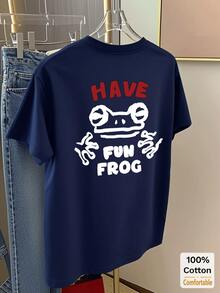 Cute Cartoon Print Short Sleeve Mid-Length T-Shirt, Women's Casual Top Summer - Navy - View 3