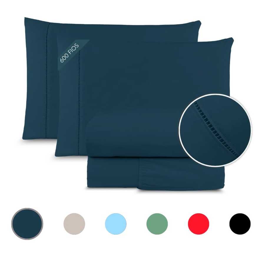 Queen Size Bedding Set, 600 Thread Count Egyptian Cotton, 4-Piece Fitted Sheet Set With Elastic And Hemstitch, 100% Soft Premium - 水鴨藍 - 查看 1