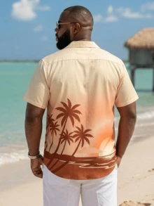 Plus Size Men's Short Sleeve Hawaiian Shirt With Coconut Tree, Beach Sunset Print, Loose Casual Beach Resort Vacation Collared Top, Summer - Apricot - View 2