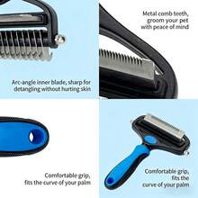 Lược chải lông gỡ rối cho thú cưng, thép không gỉ, màu xanh dương, đa chức năng. Giải quyết các vấn đề như rối lông nghiêm trọng, rụng lông theo mùa, nuốt phải búi lông và các vấn đề khác. Loại bỏ lông rụng và các mảng rối mà không làm tổn thương da. Một dụng cụ chải chuốt thú cưng kết hợp chức năng của lược và bàn chải. Thích hợp cho cả mèo và chó. - Xem 9