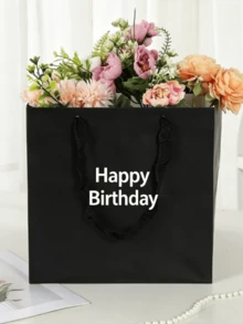 1pc Customizable Text Black Floral Paper Bag, Ins Style High-End Flower Gift Tote Bag - Black - View 6