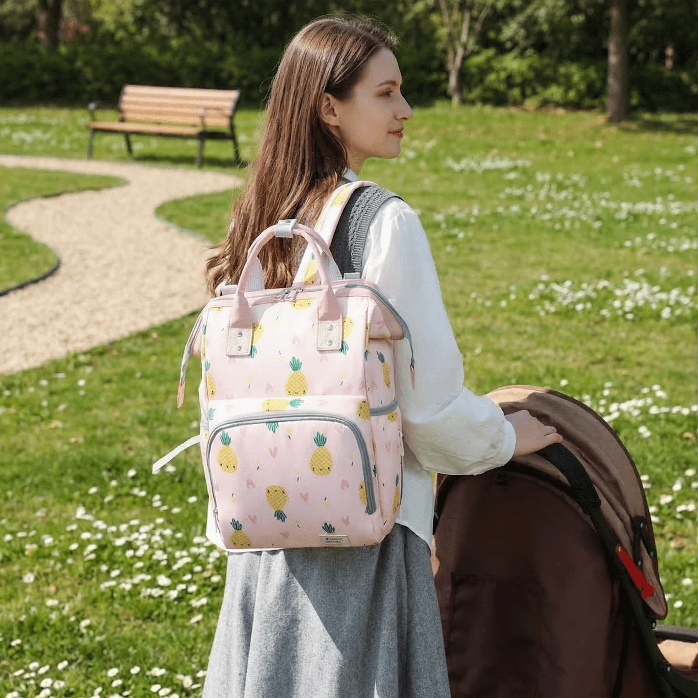 Túi đựng đồ cho mẹ mới, siêu nhẹ, dung tích lớn, in hình dễ thương, tiện lợi khi đi du lịch, có thể treo trên xe đẩy, có ngăn đựng khăn giấy khóa kéo ẩn bên hông. - Nhiều màu - Xem 1