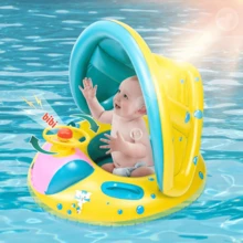 Inflatable Baby Swimming Pool With Detachable Sunshade, Infant Swimming Ring With Seat And Handles, Baby Swimming Boat-Shaped Float, Suitable For Summer Beach Party - Yellow - View 1