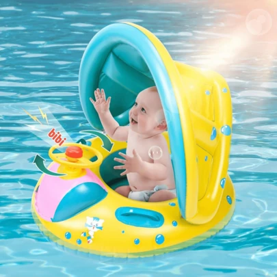 Inflatable Baby Swimming Pool With Detachable Sunshade, Infant Swimming Ring With Seat And Handles, Baby Swimming Boat-Shaped Float, Suitable For Summer Beach Party