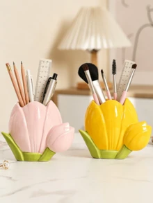 1pc Floral Pen Holder, High-Quality Desktop Decor, Large Capacity Storage For Stationery, Cosmetics, Makeup Brushes, Multi-Functional Storage Box, Beautiful Desktop Ornament, Tulip Flower Shaped Pen Holder, Ideal For Valentine's Day, Birthday, Back To School Office Desk Accessories Desk Accessories Office Supplies Office Accessories - Tulip Pen Holder - View 3