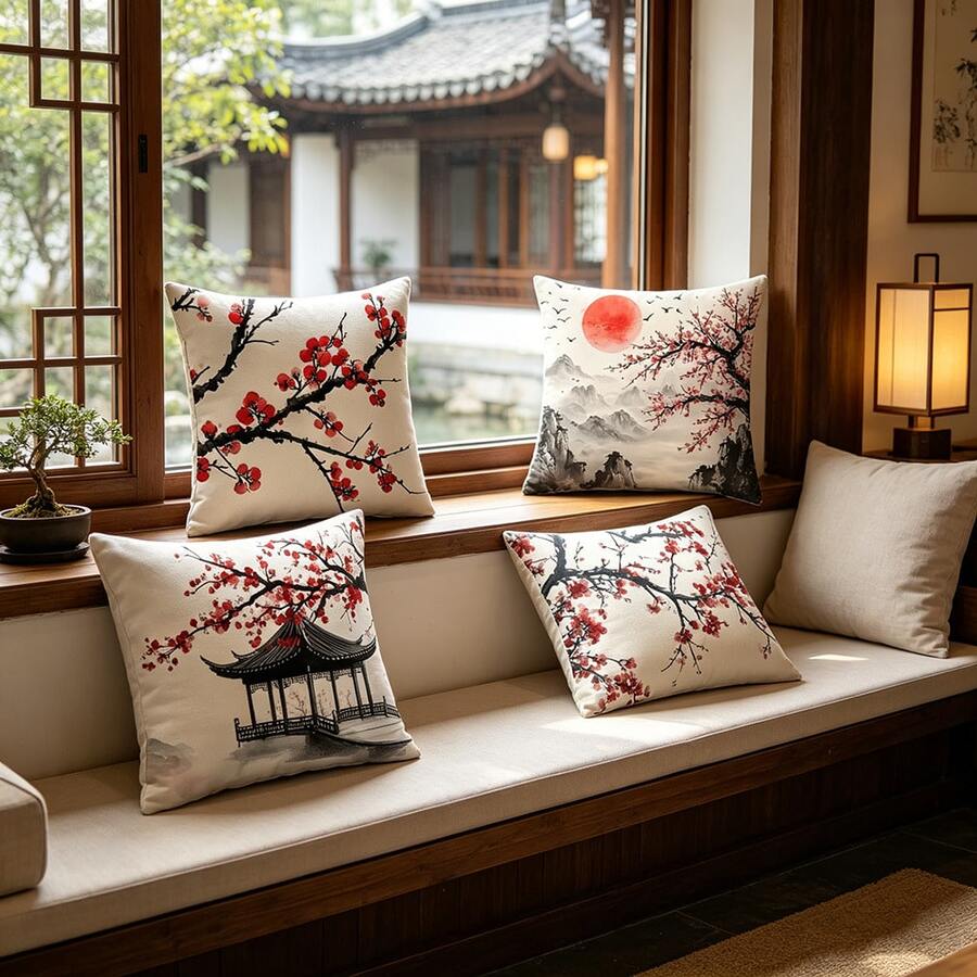 4pcs Plum Blossom Pattern Decorative Pillow Covers, Single-Sided Print, Home Decor, Sofa Lumbar Cushion Covers, Suitable For Various Scenes, Pillow Inserts Not Included - Multicolor - View 1