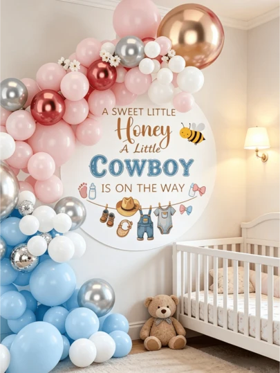 1 pieza Pegatina de pared con tema de revelación de género, estilo cálido e inspirador, eslogan "Una dulce pequeña miel", elementos de dibujos animados de abeja, decoración para baby shower/revelación de género, personalizable, llena de ambiente, tema divertido de niño o niña, contraste rosa y azul, elementos de bebé (huellas/biberón/calcetines), fiesta de revelación de género, telón de fondo para fotos, decoración para actividades entre padres e hijos