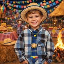 Children's June Festival T-Shirt With Checkered Pattern, Hat, Tie, And Sticker - Light Blue With Blue Tie - View 1