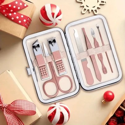 8合1美甲护理套装，男女通用指甲钳、脚趾甲钳，带便携旅行盒的个人护理工具，修甲美足套装，送给家人、朋友、妻子的绝佳礼物（粉色）