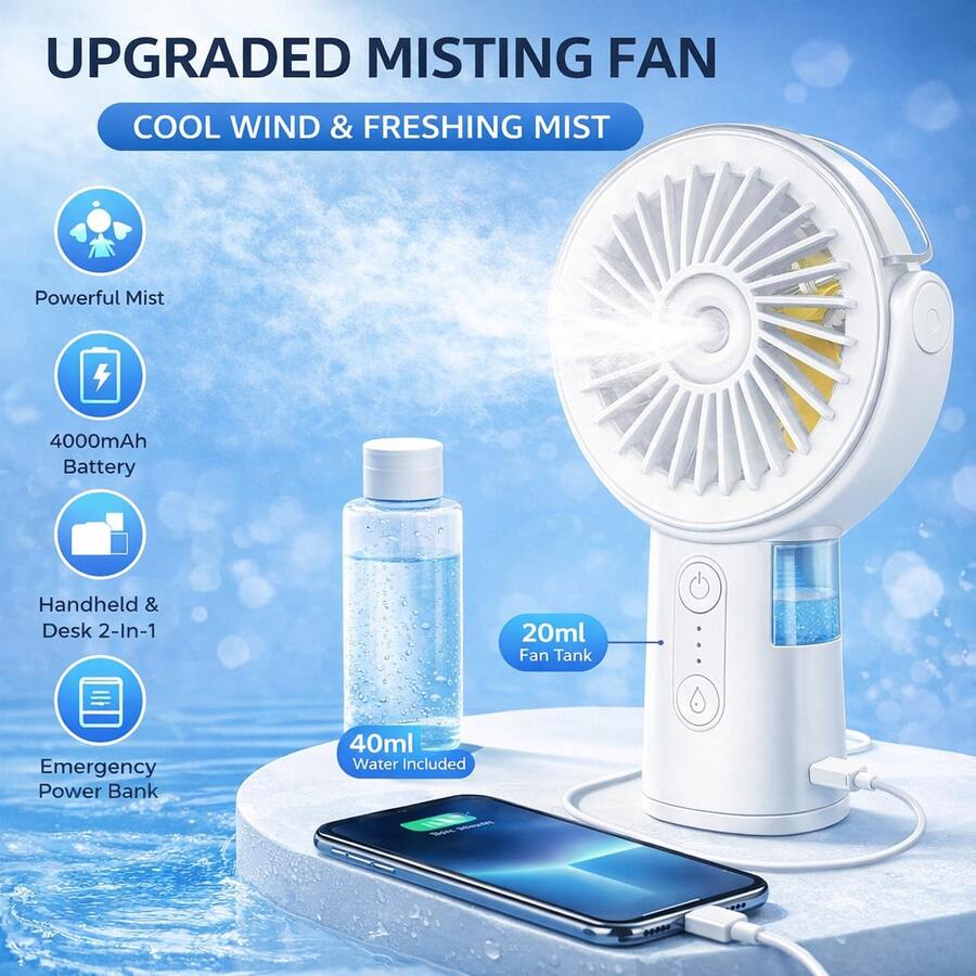 Portable Handheld Fan, 4000mAh Manual Strong Wind Fan  Portable USB Rechargeable,90° Adjustable Small Mister Fan,Personal Cooling Water Spray Fan For Men Women Travel Home Outdoor  Desktop Office Use - 白色 - 查看 1