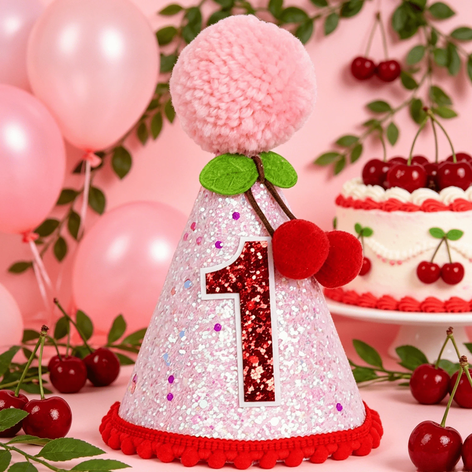 1個櫻桃主題生日錐形帽,1歲生日派對帽,首個生日帽,手工生日帽,毛球生日帽,波希米亞風生日派對帽,派對拍照道具 - 多款式 - 查看 1