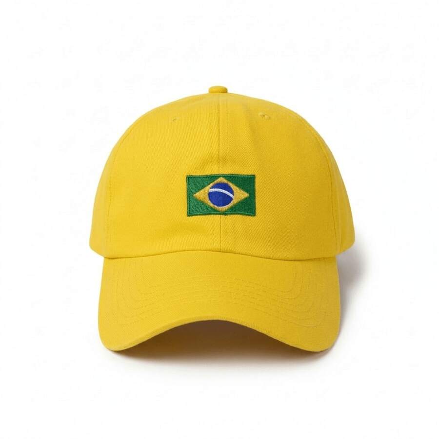 Brazil Flag Embroidered Cap With Curved Brim, Adjustable, Unisex, Street Style, Casual, Cotton Embroidery, None, Decorative Model, Cap, All - 黃色 - 查看 1