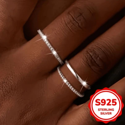 3pcs Set 925 Sterling Silver Rings For Women - Elegant, Stackable, 5g With Cubic Zirconia, April Birthstone, Perfect For Daily & Party Wear