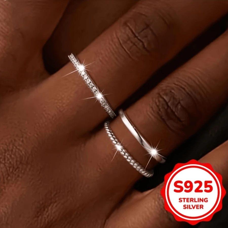 3pcs Set 925 Sterling Silver Rings For Women - Elegant, Stackable, 5g With Cubic Zirconia, April Birthstone, Perfect For Daily & Party Wear - Silvery - View 1