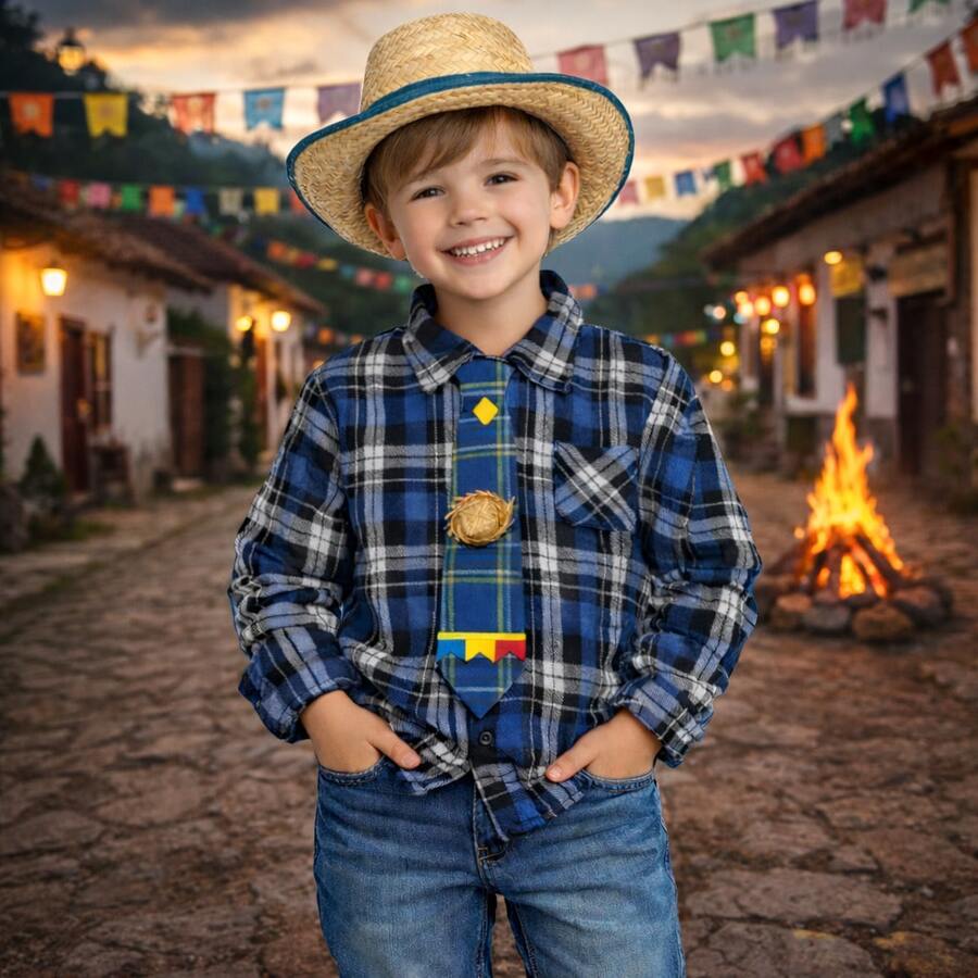 Children's June Festival T-Shirt With Checkered Pattern, Hat, Tie, And Sticker - Blue - View 1
