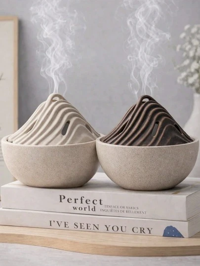 1个山形牌香炉，现代奢华石纹桌面家居装饰，适用于客厅、门厅和家居展示，砂岩色/深棕色