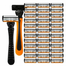 男女通用六刀片手动剃须刀 - 防滑、可重复使用，不锈钢刀片，橙黑配色，含替换刀头 - 黄色可填充刀头 | 符合人体工学的手柄 | 耐用剃须刀 - 多色 - 查看 10