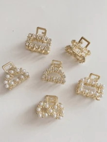 4pcs Women Metal Faux Pearl & Rhinestone Hair Clips, Random Styles - Gold - View 3