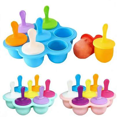 1 khuôn làm kem tự chế, khuôn làm kem que bằng silicon có 7 lỗ, khay làm kem que 7 màu tích hợp, khuôn làm bánh pudding, màu ngẫu nhiên