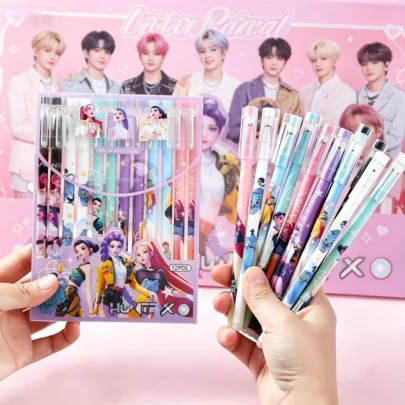 12pcs/1 Boxes K-Pop D Emon Hunters Cartoon Erasable Gel Pens Set, Thermal Erasable Pens For Students, Back To School Gift, New Semester Stationery Supplies