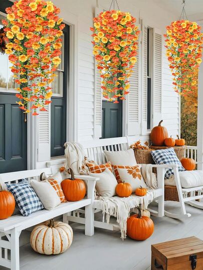 1/2PCS Artificial Morning Glory Hanging Vine Realistic Orange Flowers UV Resistant Durable Plastic No Maintenance Indoor Outdoor For Wedding Porch Garden All Seasons Decor Christmas Thanksgiving Outdoor Floral Display