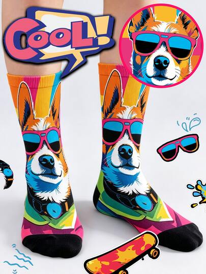 360° Printed Pop Art Corgi & Cat Combination Socks, Funny Animal Pattern Sunglasses Design, Vibrant Pop Art Corgi Cat Socks, Bold Multicolor Sunglasses Animal Pattern, Retro Fashion Combination Socks, Stylish Men's Socks, Comfortable Unisex Socks, Unique Fashion Gift