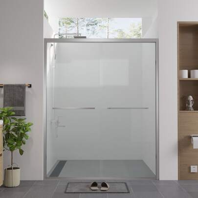 56-60"X74" Aluminum Frame Double Sliding Shower Door Bypass Bathroom Sliding Door With Premium 1/4" 6mm Clear Tempered Glass  Hardware Sliding Glass Shower Enclosure  Finished
