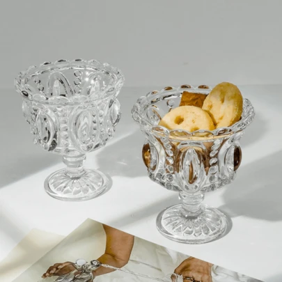 High-Stem Dessert Glass, Featuring Nordic Embossed Design, Suitable For Ice Cream, Pudding, Bird's Nest And Other Desserts, Elegant European Style