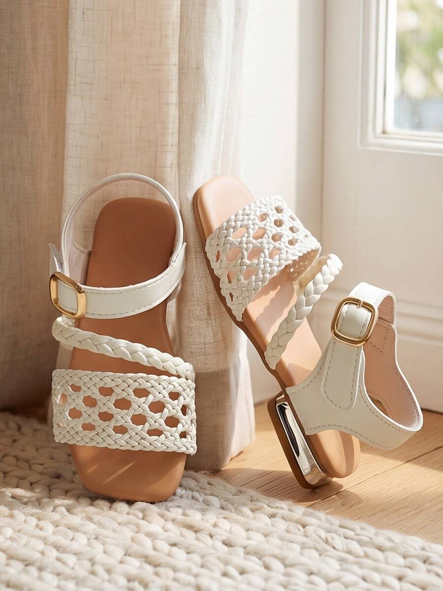 Sandal Anyaman Hak Rendah dengan Tali Perekat Velcro yang Dapat Diatur untuk Anak Perempuan Usia 3-12 Tahun, Warna Beige, Gaya Pantai, Pesta, dan Pedesaan - Putih - View 1