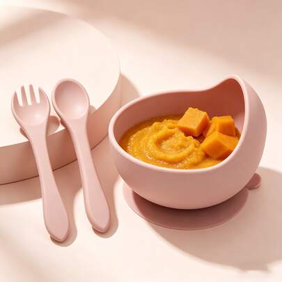 3pcs Silicone Baby Suction Bowl, Fork And Spoon Feeding Utensil Set, Great Gift For Christmas, Halloween, Thanksgiving