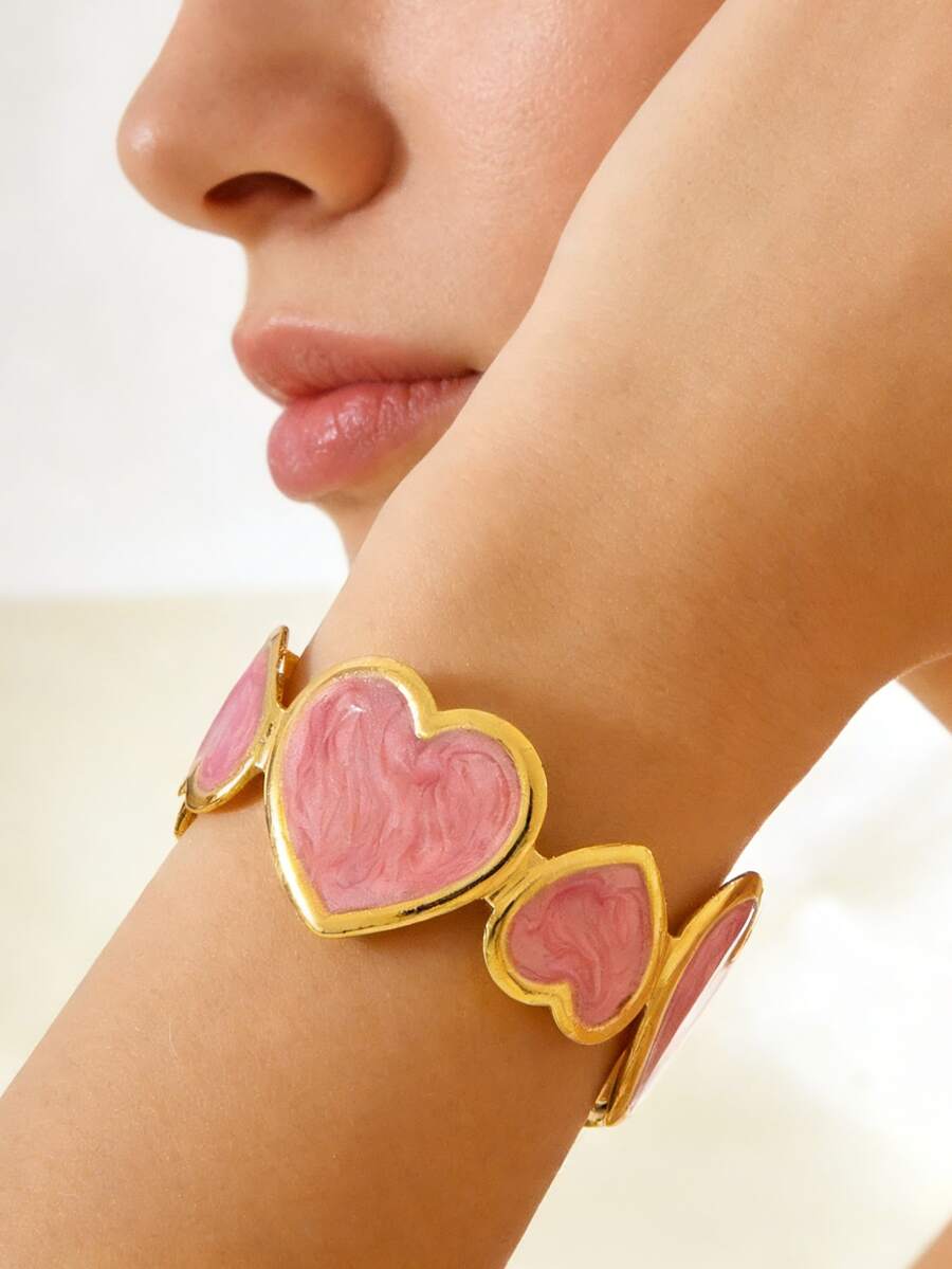 1 pieza Pulsera asimétrica en forma de corazón, romántica y linda, de acero inoxidable con esmalte multicolor, adecuada para la vida diaria de las mujeres, citas, vacaciones, fiestas o como regalo para seres queridos - Amarillo Oro - Ver 1