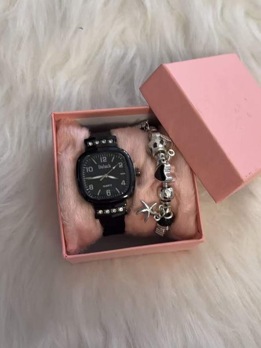 Women's Quartz Watch Set With Bracelet + Bangle + Box. - Plateado - Ver 1