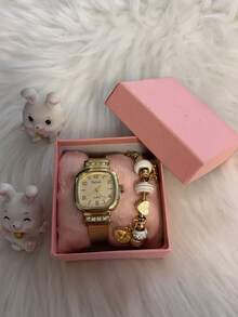 Women's Quartz Watch Set With Bracelet + Bangle + Box. - Dorado - Ver 1