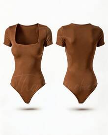 Kit 3 Women's Suplex Bodysuit Short Sleeve Square Neckline Low-Cut Sleeves Double Lining Premium Fabric - BROWN BROWN BROWN - View 3