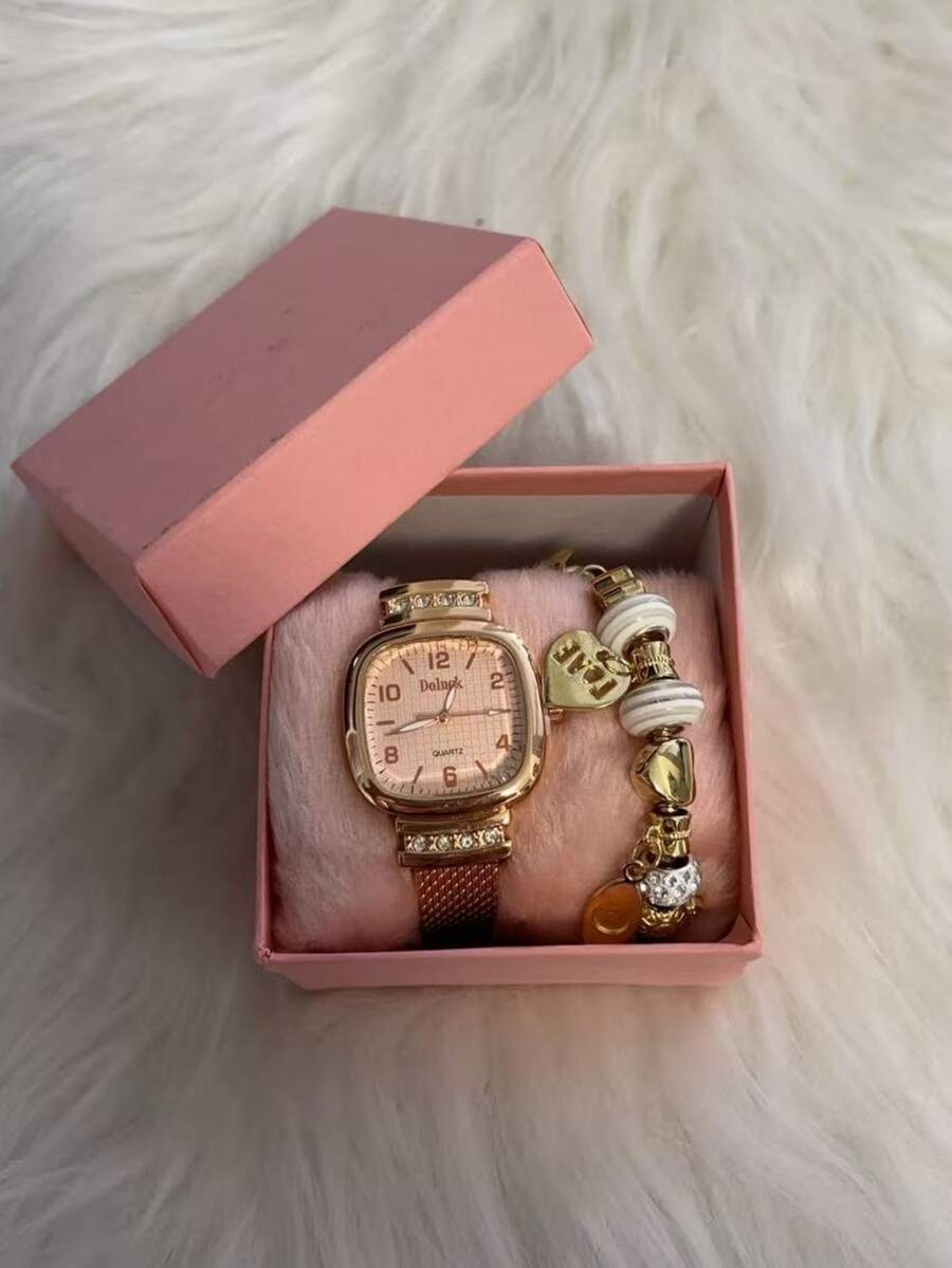 Women's Quartz Watch Set With Bracelet + Bangle + Box. - Oro rosa - Ver 1