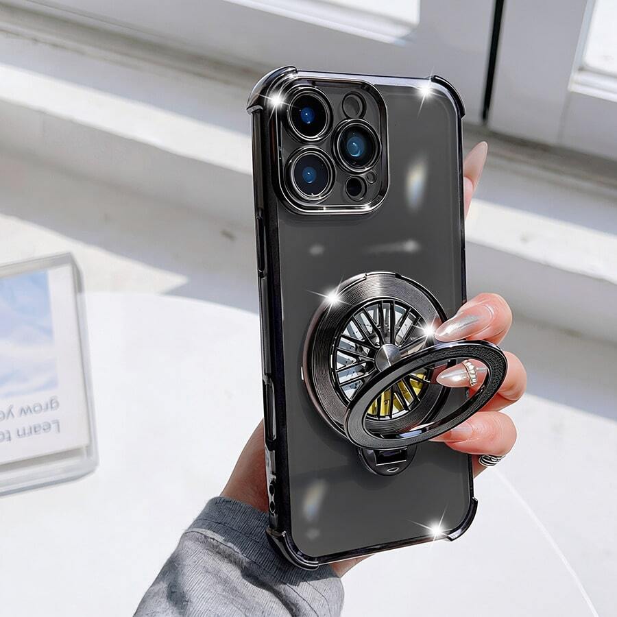 Luxury Fashion Magnetic Spinning Ring Phone Case Drop-Resistant Anti-Drop Four Corner Phone Case Magnetic Bracket Integrated Phone Case Supports Wireless Charging Compatible With IPhone 17/6/7/8/X/XS/XR/11/12/13/14/15/16, Galaxy S26 S20-S25, A03-A07, A11-A17, A20-A73, Note 7/8/9/10/11/12/13/14, 9/10/12/13C/14C/15C A5(171.7), Honor Magic 5 6 7 8 Lite C53 C55 - Black - View 1
